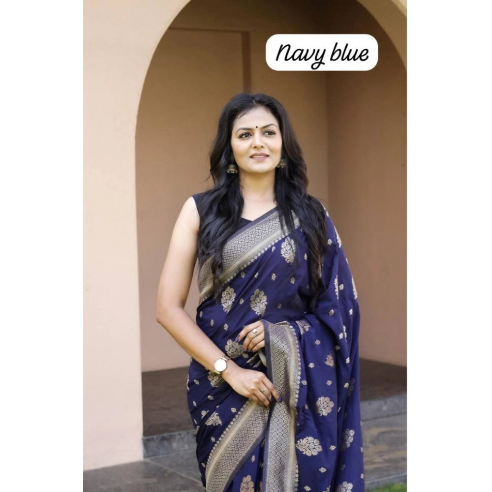 Amfyn Women's Soft Lichi Silk Printed Saree With Unstitched Blouse 5.5Mtr (Navy Blue)