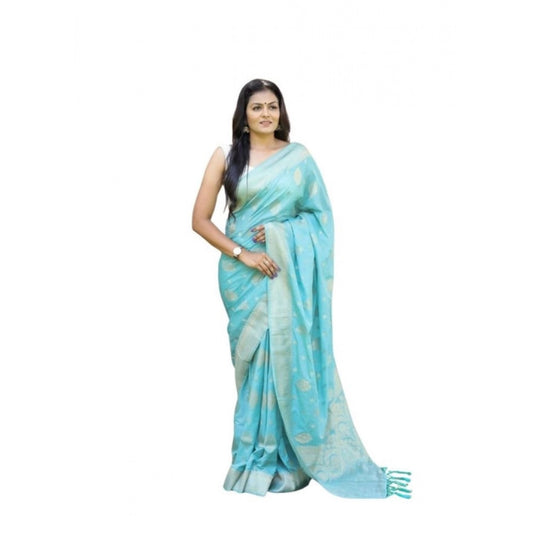 Amfyn Women's Soft Lichi Silk Printed Saree With Unstitched Blouse 5.5Mtr (Sky-Blue)