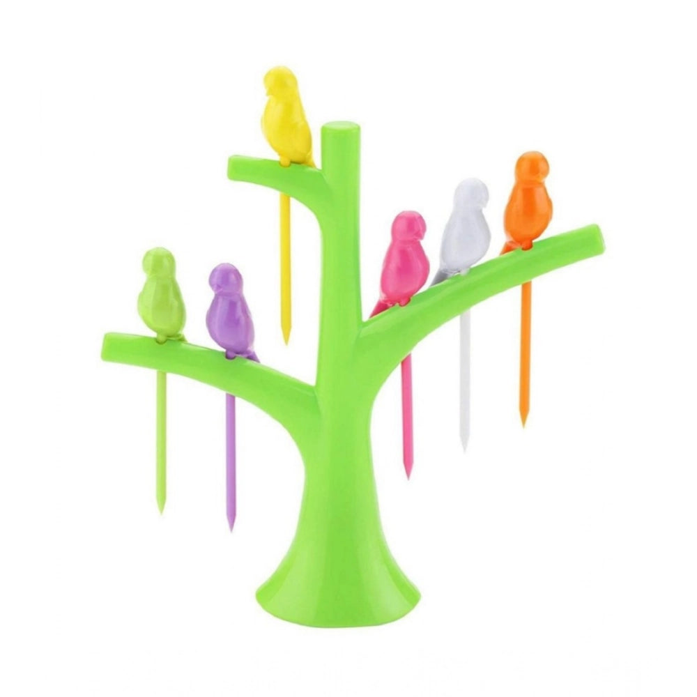 Amfyn Pack of 10_Bird Tree Fruit Fork Set Decorative Toothpick Holder (Color: Assorted )