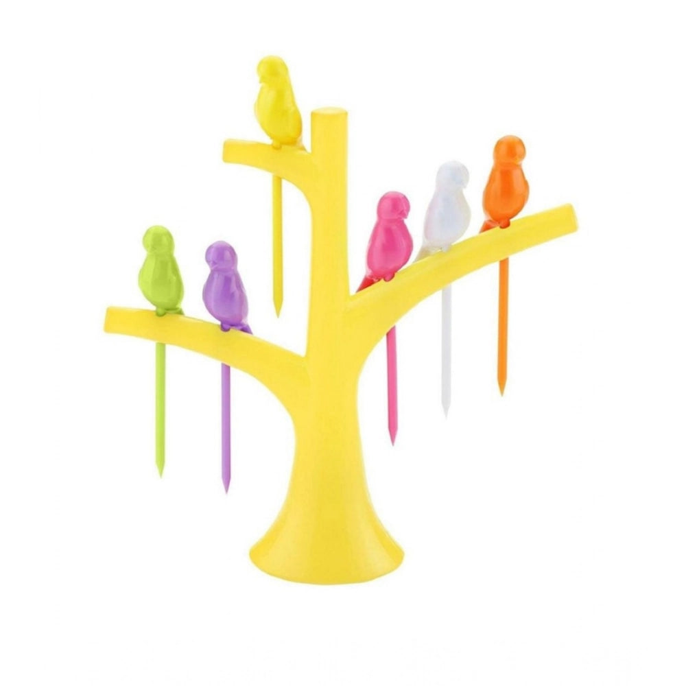 Amfyn Pack of 10_Bird Tree Fruit Fork Set Decorative Toothpick Holder (Color: Assorted )