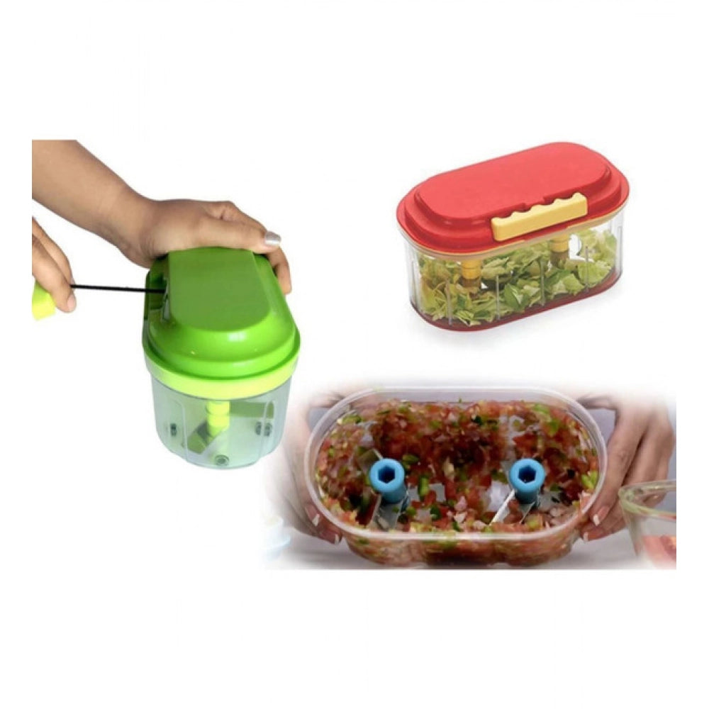 Amfyn Pack Of 2_Twin Bowl Dual-Blade Hand Chopper | Manual Food Processor for Vegetables And Fruits (Color: Assorted )