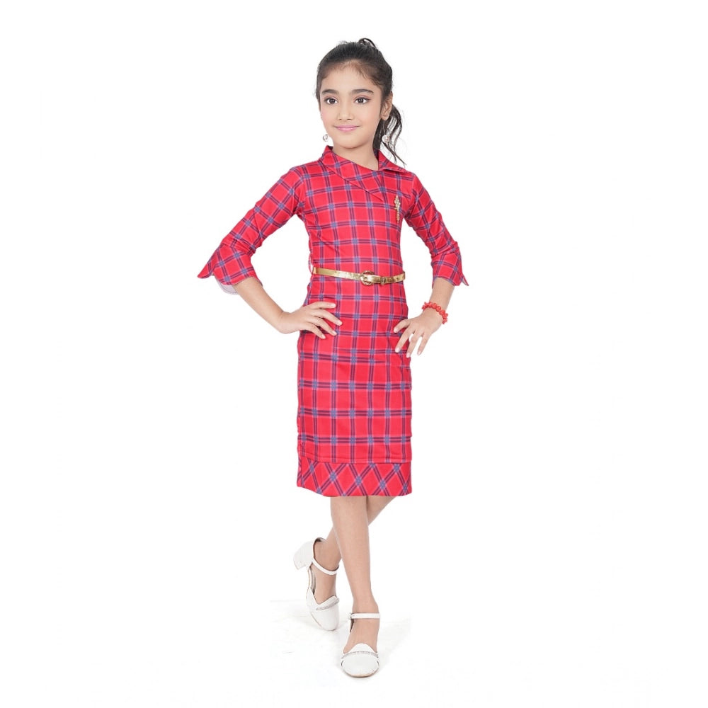 Amfyn Girl's Knitted Printed 3/4 th Sleeve Close Neck Dress (Pink)