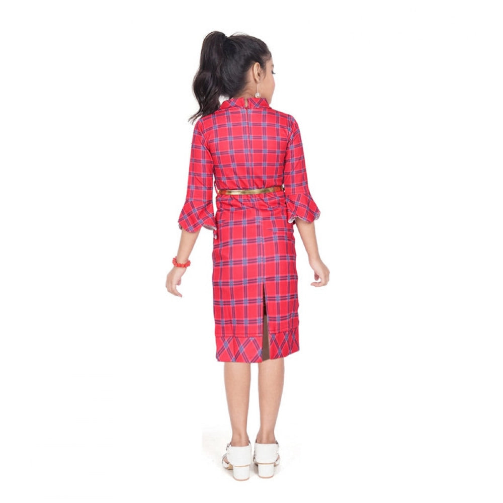 Amfyn Girl's Knitted Printed 3/4 th Sleeve Close Neck Dress (Pink)