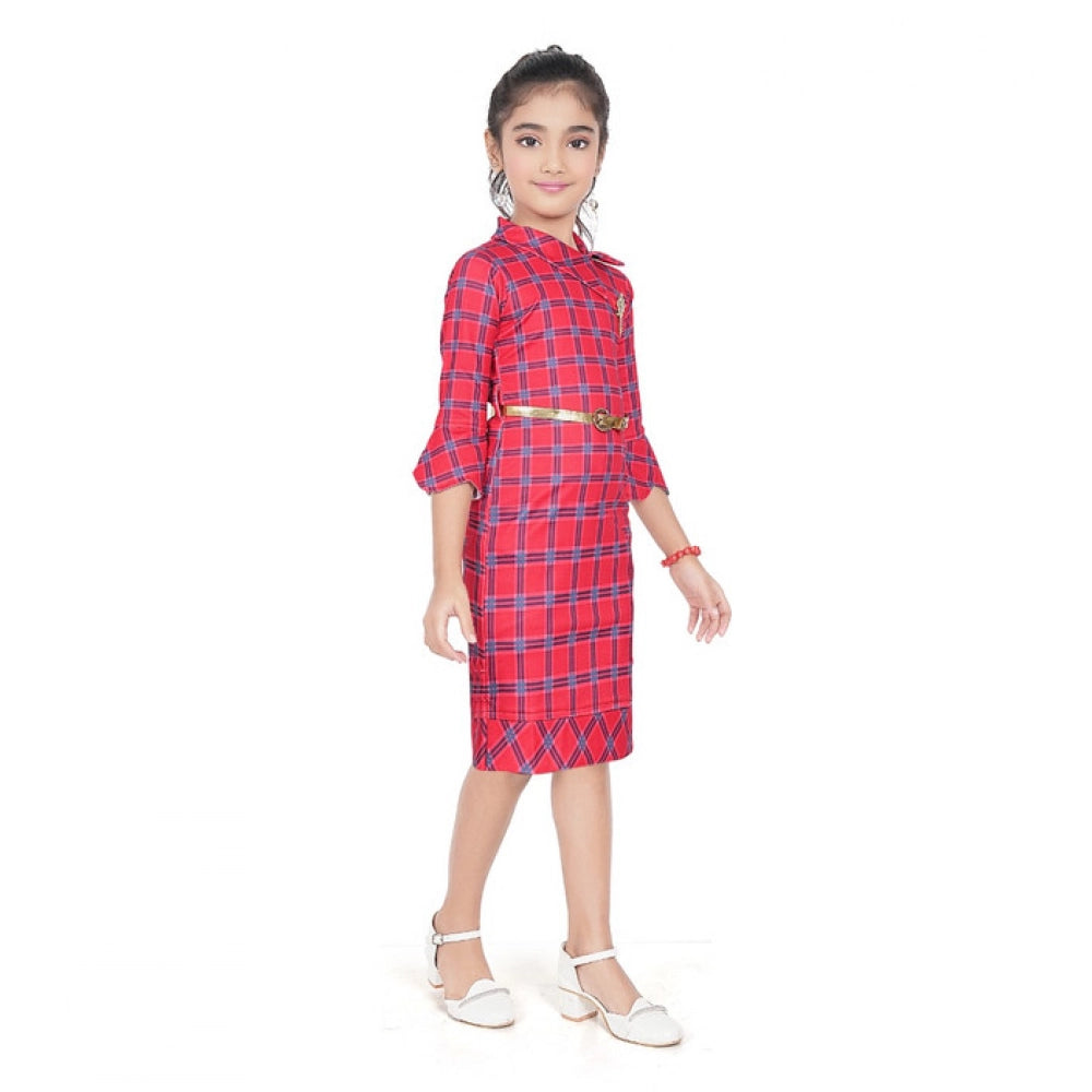 Amfyn Girl's Knitted Printed 3/4 th Sleeve Close Neck Dress (Pink)