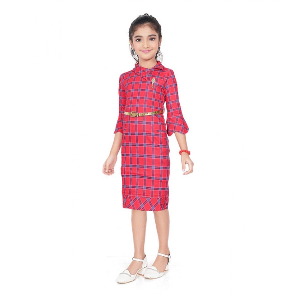 Amfyn Girl's Knitted Printed 3/4 th Sleeve Close Neck Dress (Pink)