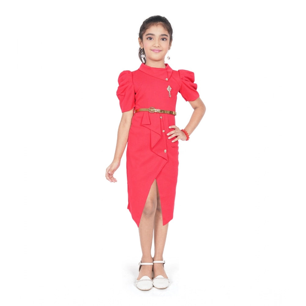 Amfyn Girl's Cotton Lycra Soild Short Sleeve Close Neck Dress (Pink)