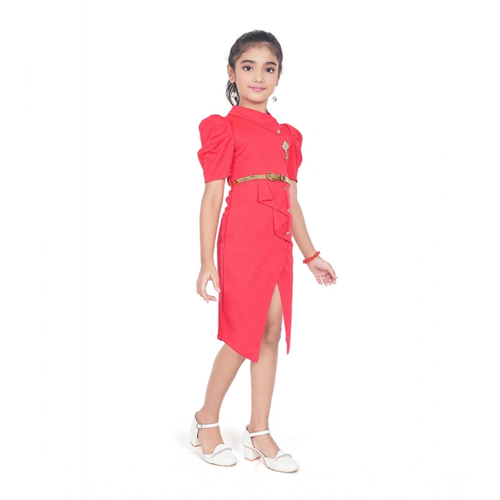 Amfyn Girl's Cotton Lycra Soild Short Sleeve Close Neck Dress (Pink)