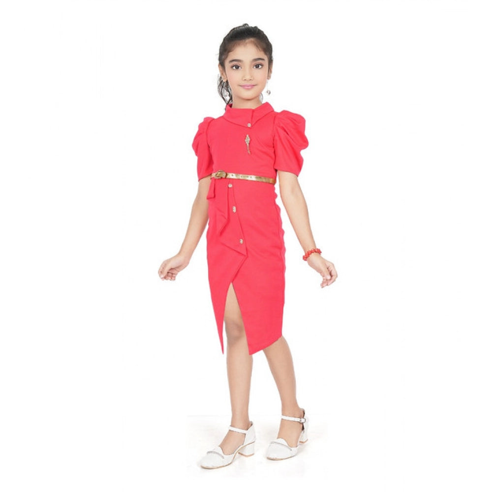 Amfyn Girl's Cotton Lycra Soild Short Sleeve Close Neck Dress (Pink)