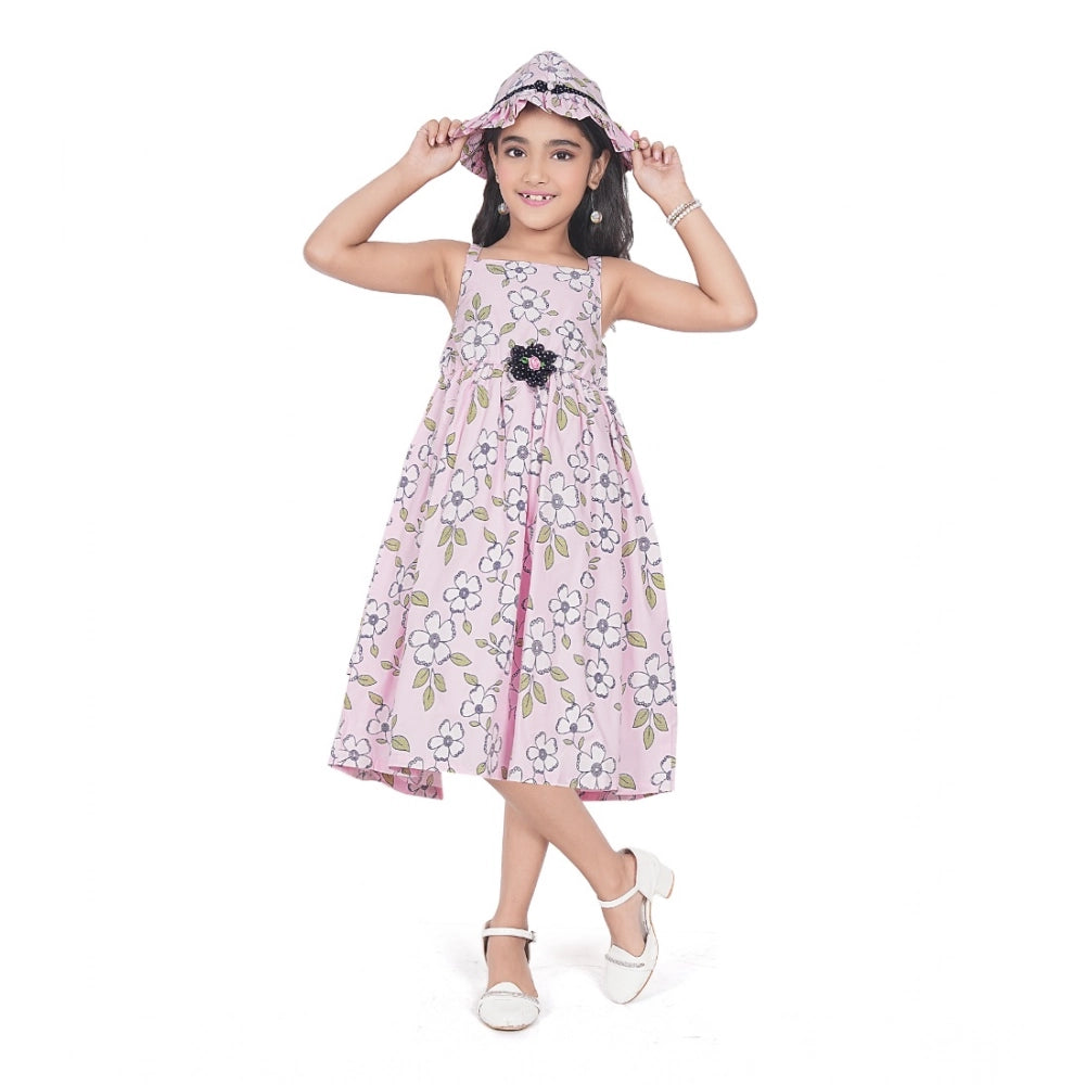 Amfyn Girl's Cotton Printed Sleeve Less Round Neck Dress (Pink)