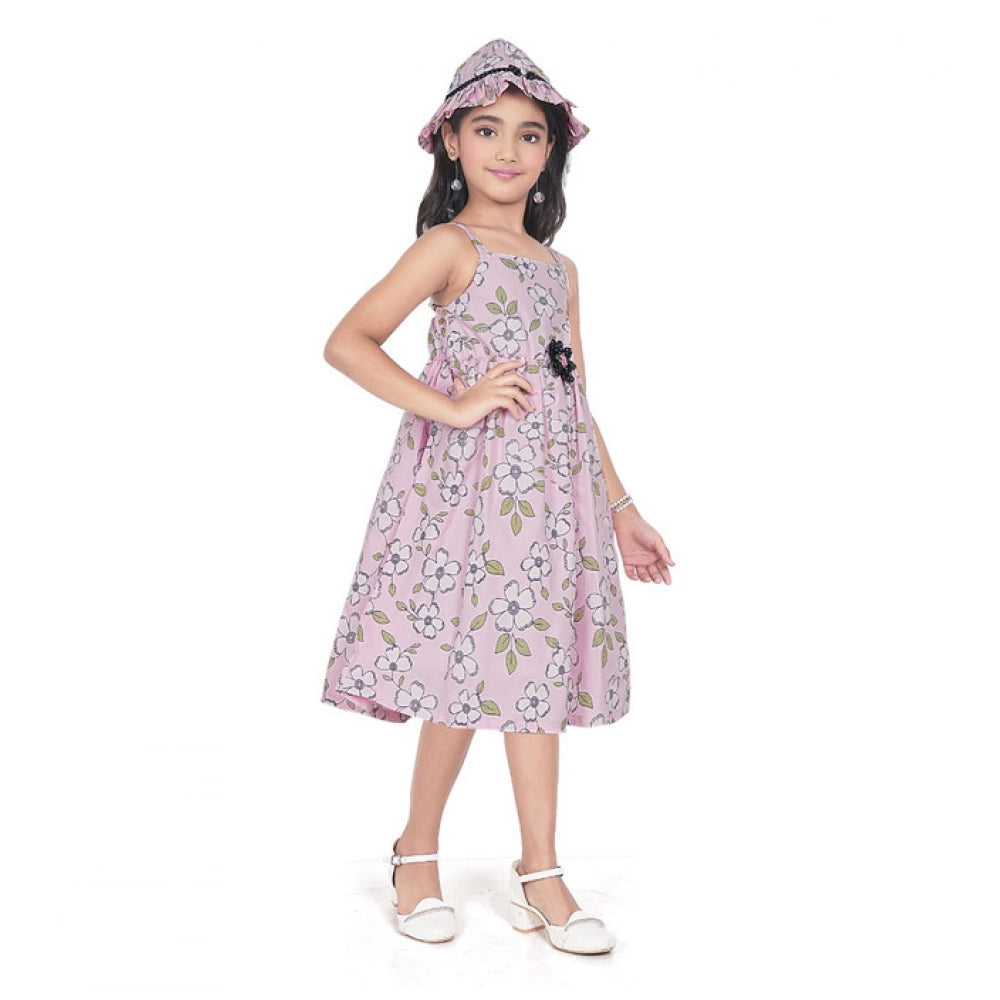 Amfyn Girl's Cotton Printed Sleeve Less Round Neck Dress (Pink)
