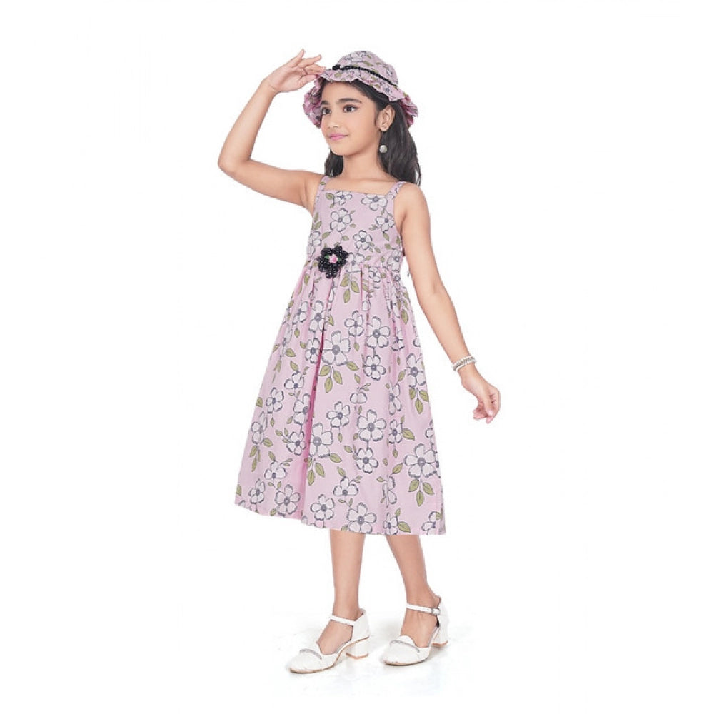 Amfyn Girl's Cotton Printed Sleeve Less Round Neck Dress (Pink)