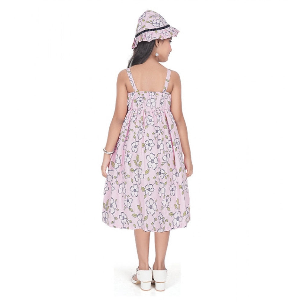 Amfyn Girl's Cotton Printed Sleeve Less Round Neck Dress (Pink)