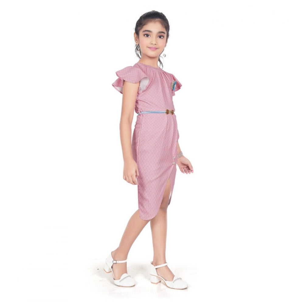 Amfyn Girl's Knitted Striped Short Sleeve Close Neck Dress (Pink)