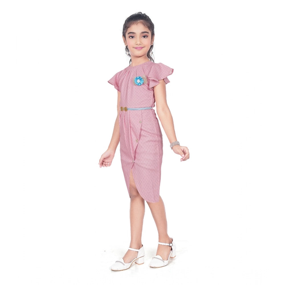 Amfyn Girl's Knitted Striped Short Sleeve Close Neck Dress (Pink)