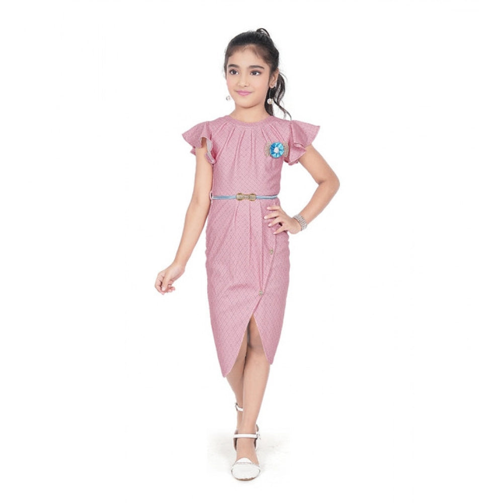 Amfyn Girl's Knitted Striped Short Sleeve Close Neck Dress (Pink)