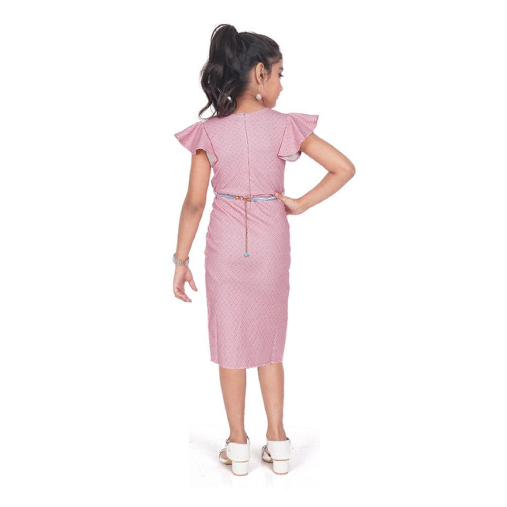 Amfyn Girl's Knitted Striped Short Sleeve Close Neck Dress (Pink)