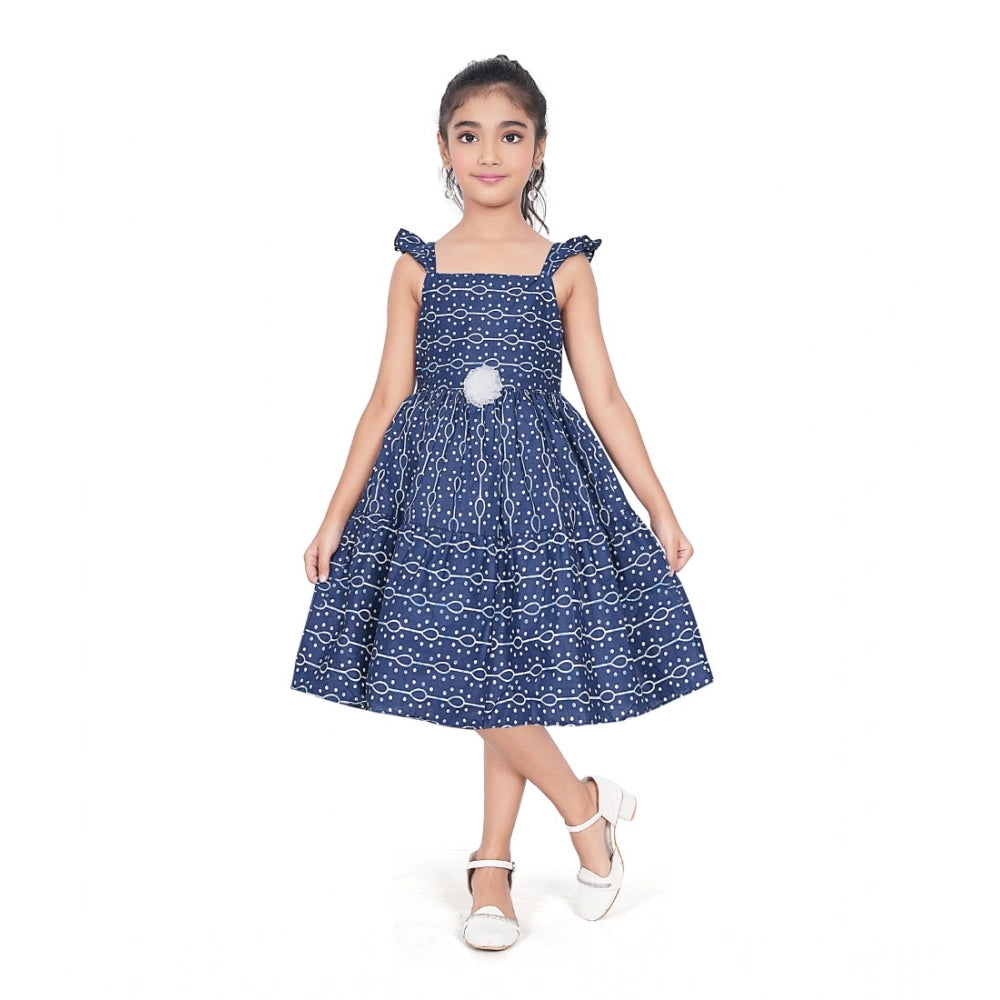 Amfyn Girl's Cotton Printed Sleeve Less Squre Neck Dress (Navy Blue)