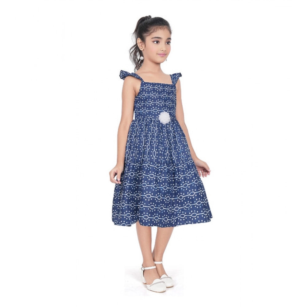 Amfyn Girl's Cotton Printed Sleeve Less Squre Neck Dress (Navy Blue)