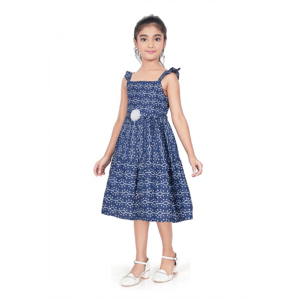 Amfyn Girl's Cotton Printed Sleeve Less Squre Neck Dress (Navy Blue)