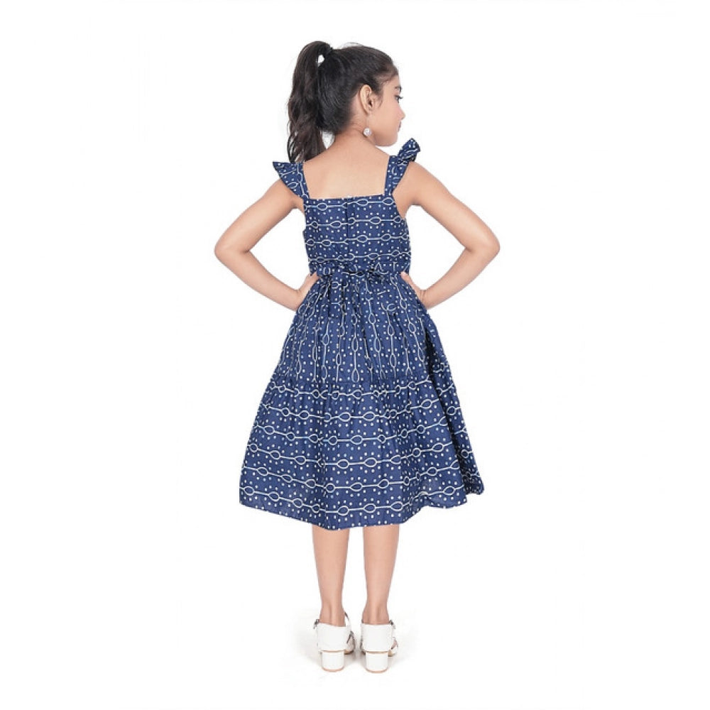Amfyn Girl's Cotton Printed Sleeve Less Squre Neck Dress (Navy Blue)