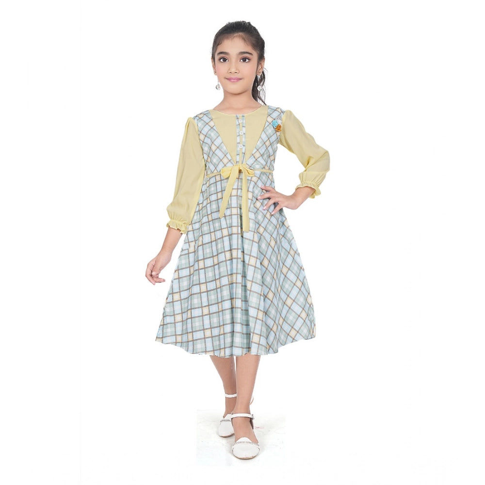 Amfyn Girl's Digital Twill Striped 3/4 th Sleeve Round Neck Dress (Light Green)