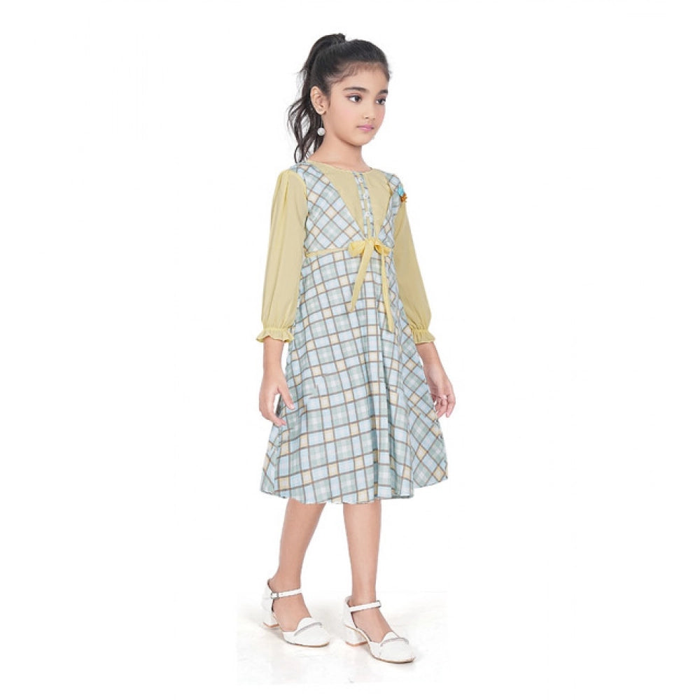 Amfyn Girl's Digital Twill Striped 3/4 th Sleeve Round Neck Dress (Light Green)