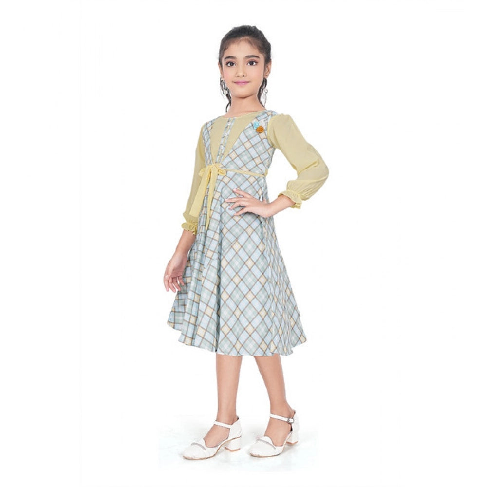 Amfyn Girl's Digital Twill Striped 3/4 th Sleeve Round Neck Dress (Light Green)