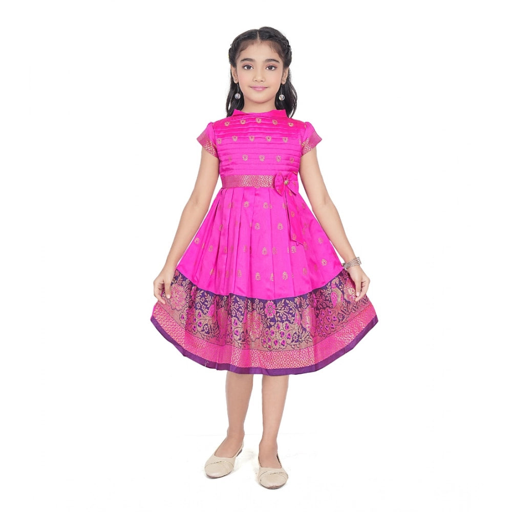 Amfyn Girl's Brocket Silk Printed Short Sleeve Close Neck Dress (Rani Pink)