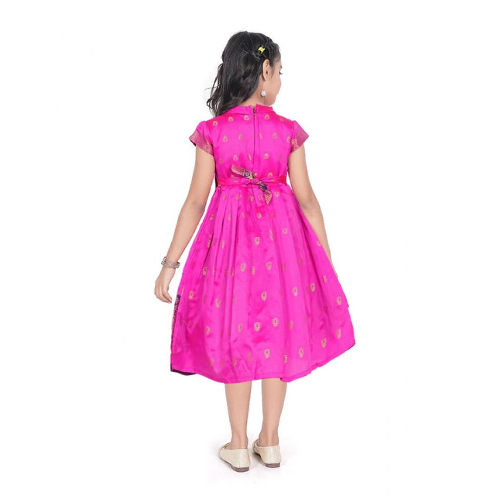 Amfyn Girl's Brocket Silk Printed Short Sleeve Close Neck Dress (Rani Pink)