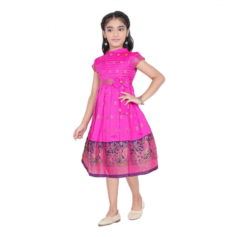 Amfyn Girl's Brocket Silk Printed Short Sleeve Close Neck Dress (Rani Pink)