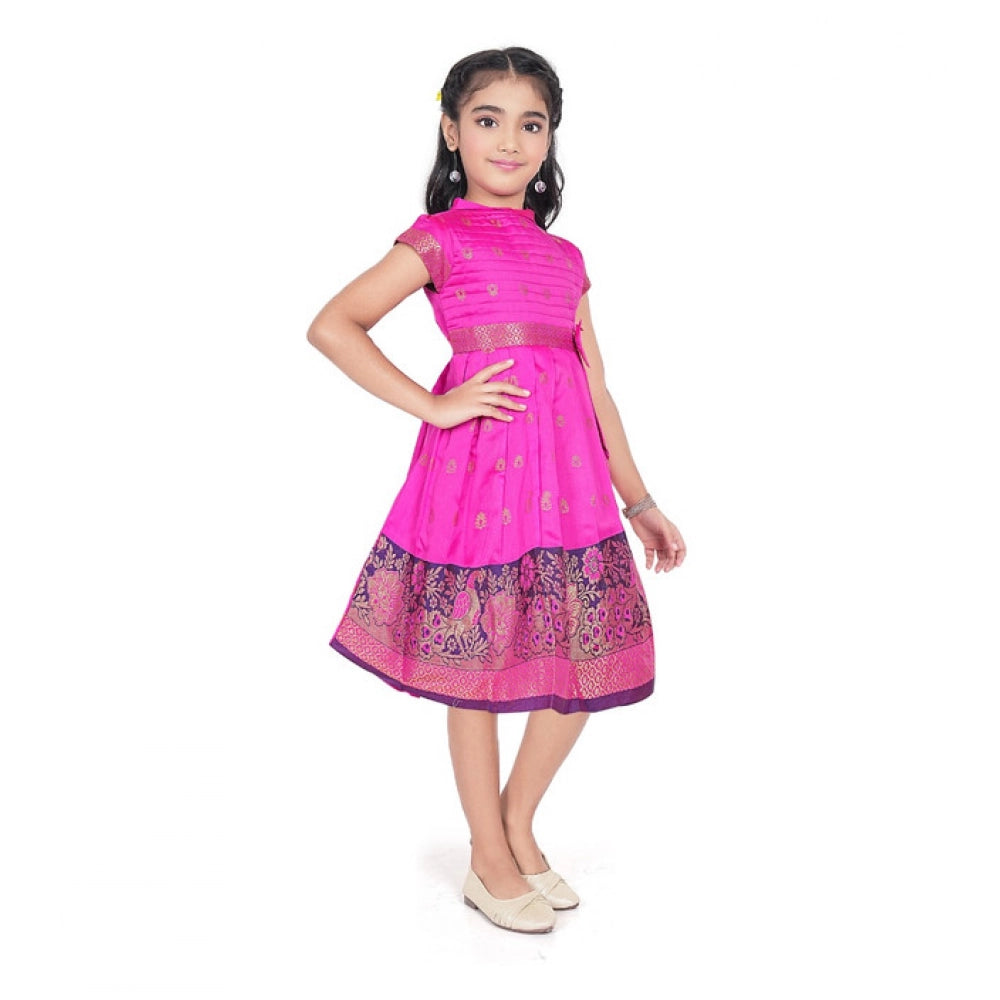 Amfyn Girl's Brocket Silk Printed Short Sleeve Close Neck Dress (Rani Pink)