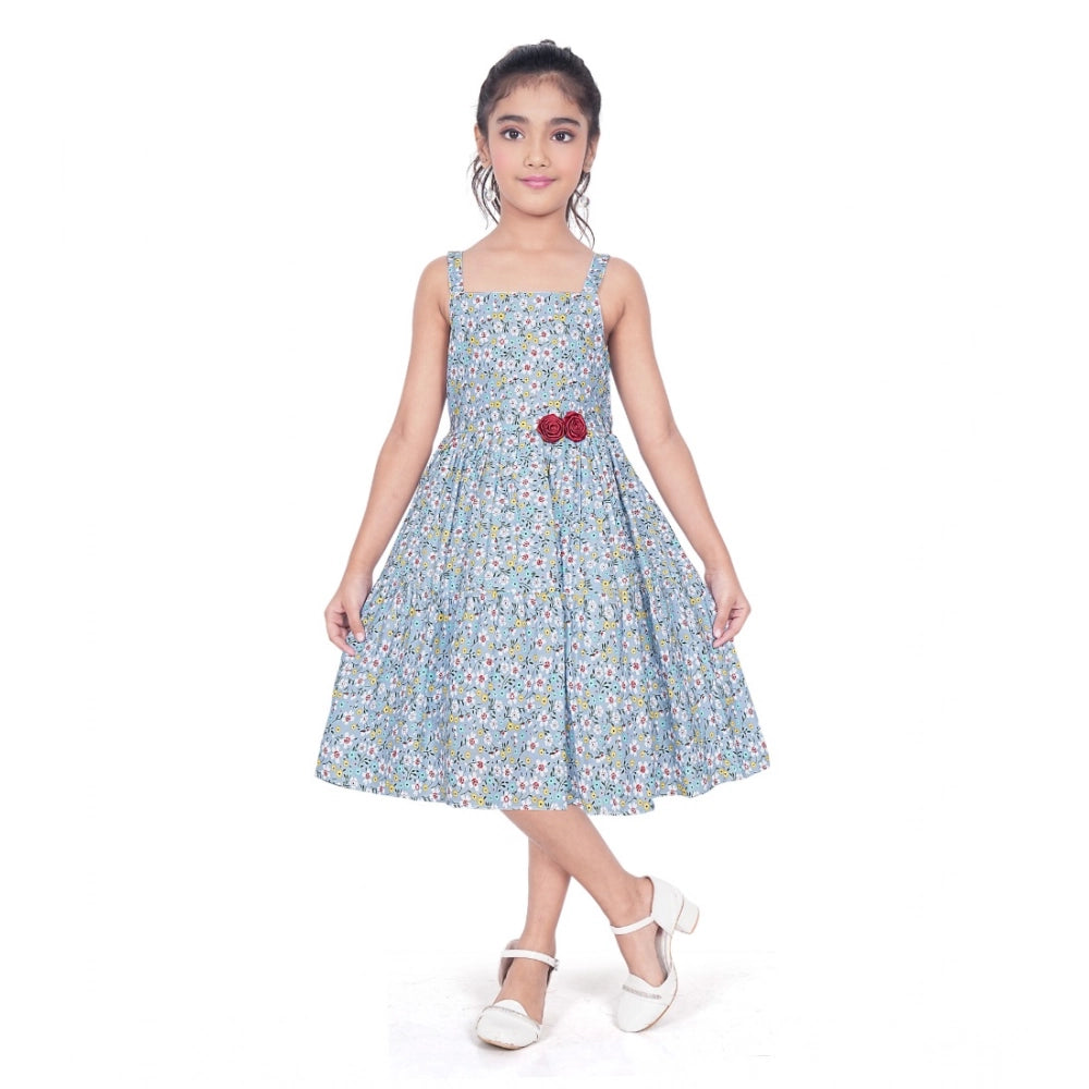 Amfyn Girl's Cotton Printed Sleeve Less Squre Neck Dress (Multicolor)