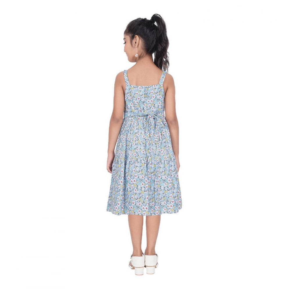 Amfyn Girl's Cotton Printed Sleeve Less Squre Neck Dress (Multicolor)