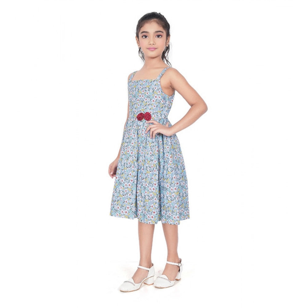 Amfyn Girl's Cotton Printed Sleeve Less Squre Neck Dress (Multicolor)