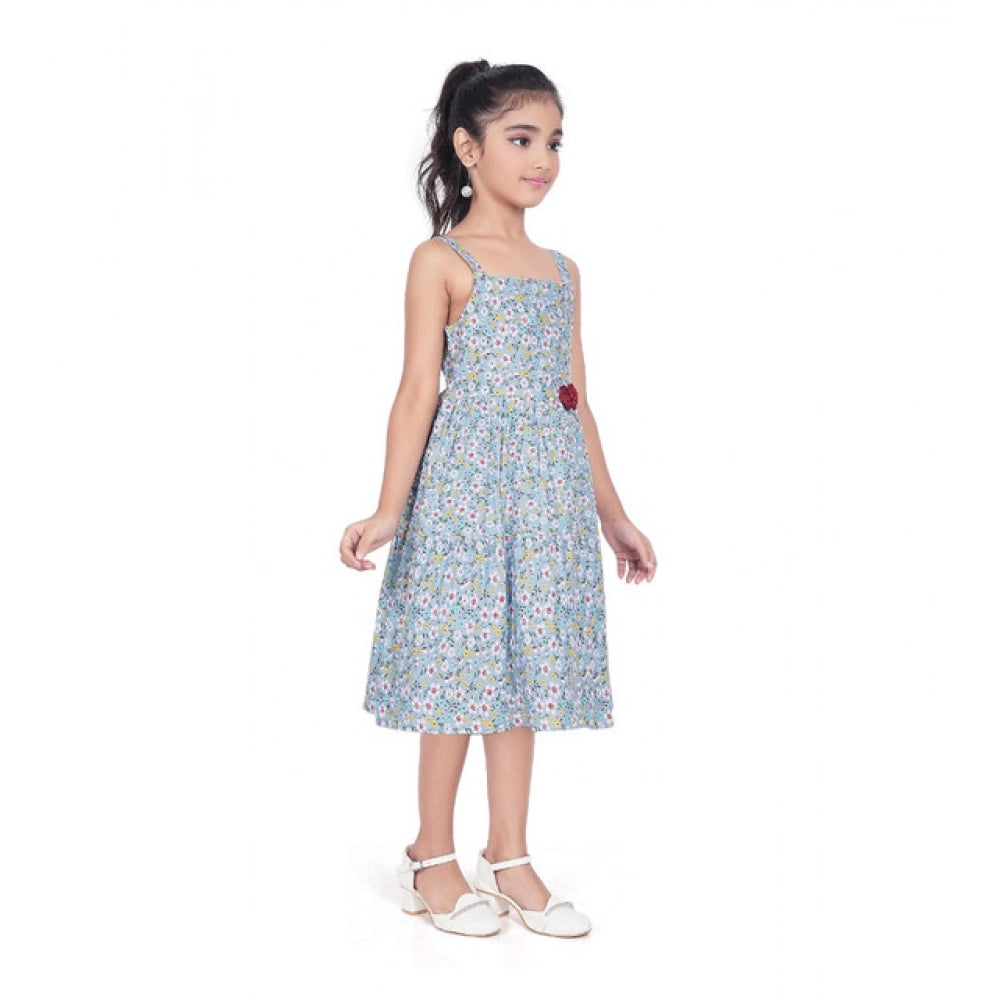 Amfyn Girl's Cotton Printed Sleeve Less Squre Neck Dress (Multicolor)