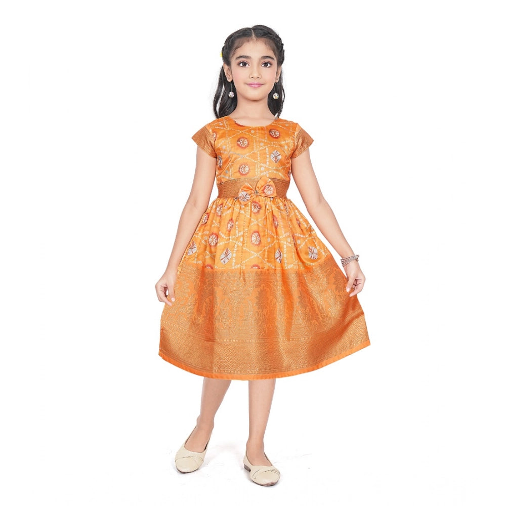 Amfyn Girl's Brocket Silk Printed Short Sleeve Round Neck Dress (Orange)