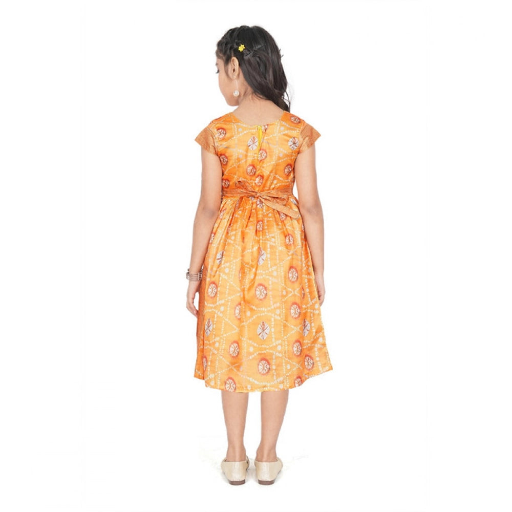 Amfyn Girl's Brocket Silk Printed Short Sleeve Round Neck Dress (Orange)