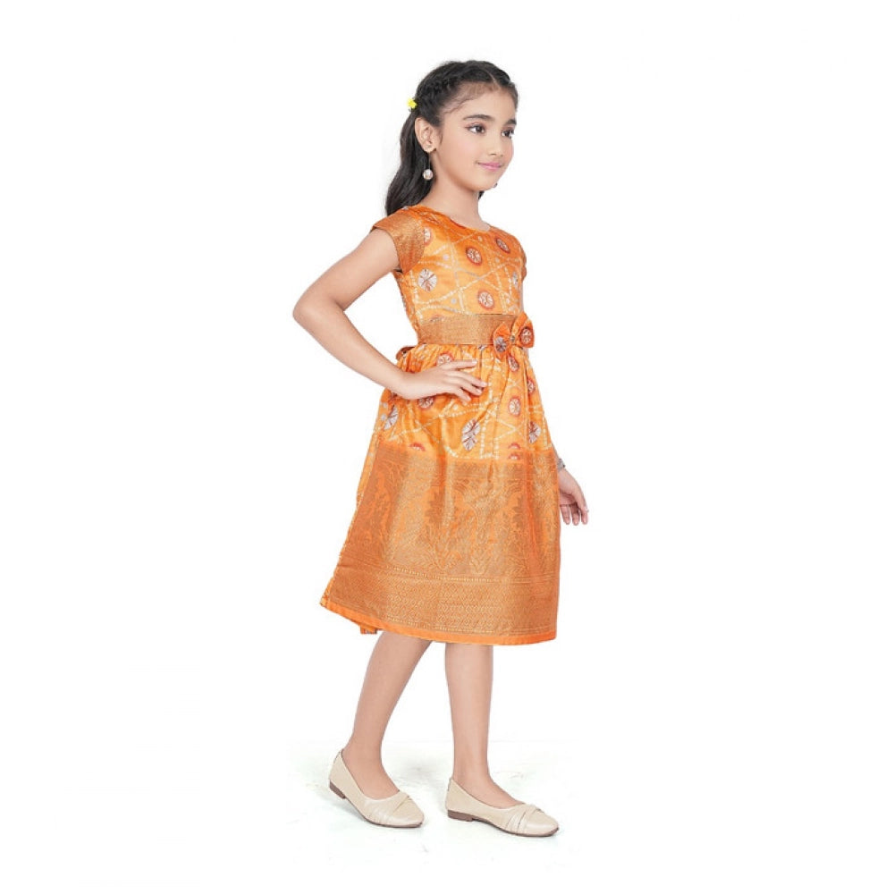 Amfyn Girl's Brocket Silk Printed Short Sleeve Round Neck Dress (Orange)