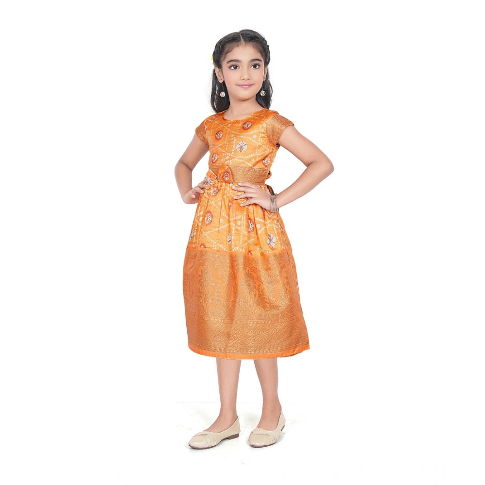 Amfyn Girl's Brocket Silk Printed Short Sleeve Round Neck Dress (Orange)