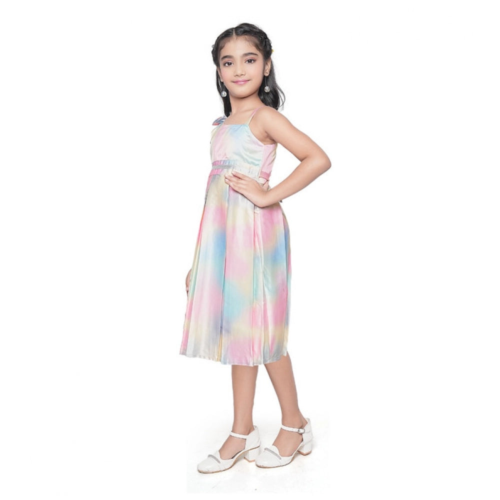 Amfyn Girl's Satin Soild Sleeve Less Designer Neck Dress (Multicolor)