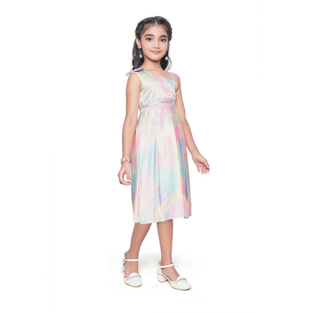 Amfyn Girl's Satin Soild Sleeve Less Designer Neck Dress (Multicolor)