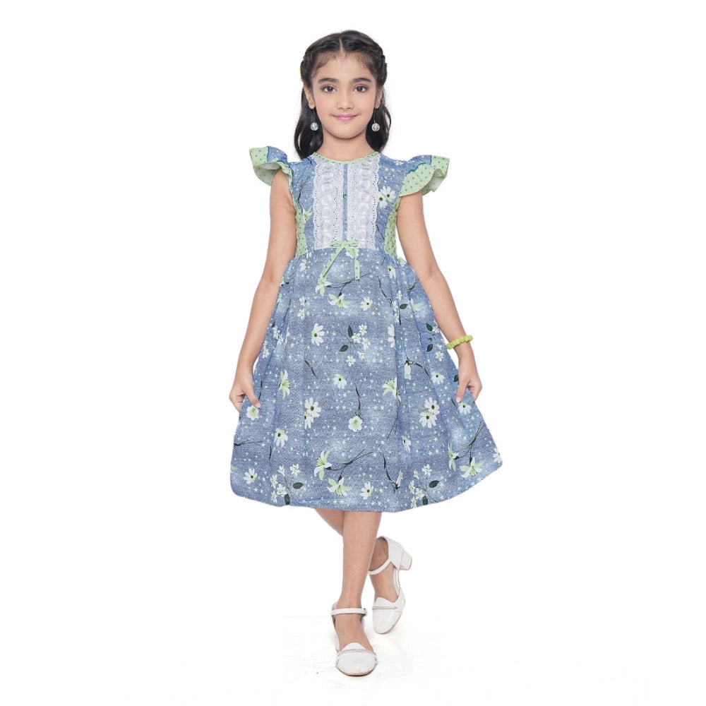Amfyn Girl's Twill Printed Short Sleeve Round Neck Dress (Green)