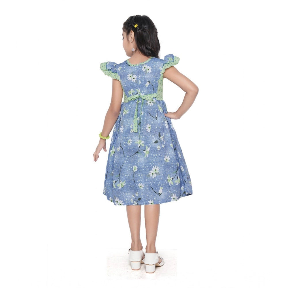 Amfyn Girl's Twill Printed Short Sleeve Round Neck Dress (Green)