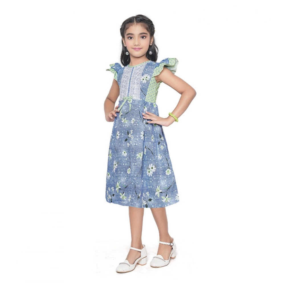 Amfyn Girl's Twill Printed Short Sleeve Round Neck Dress (Green)