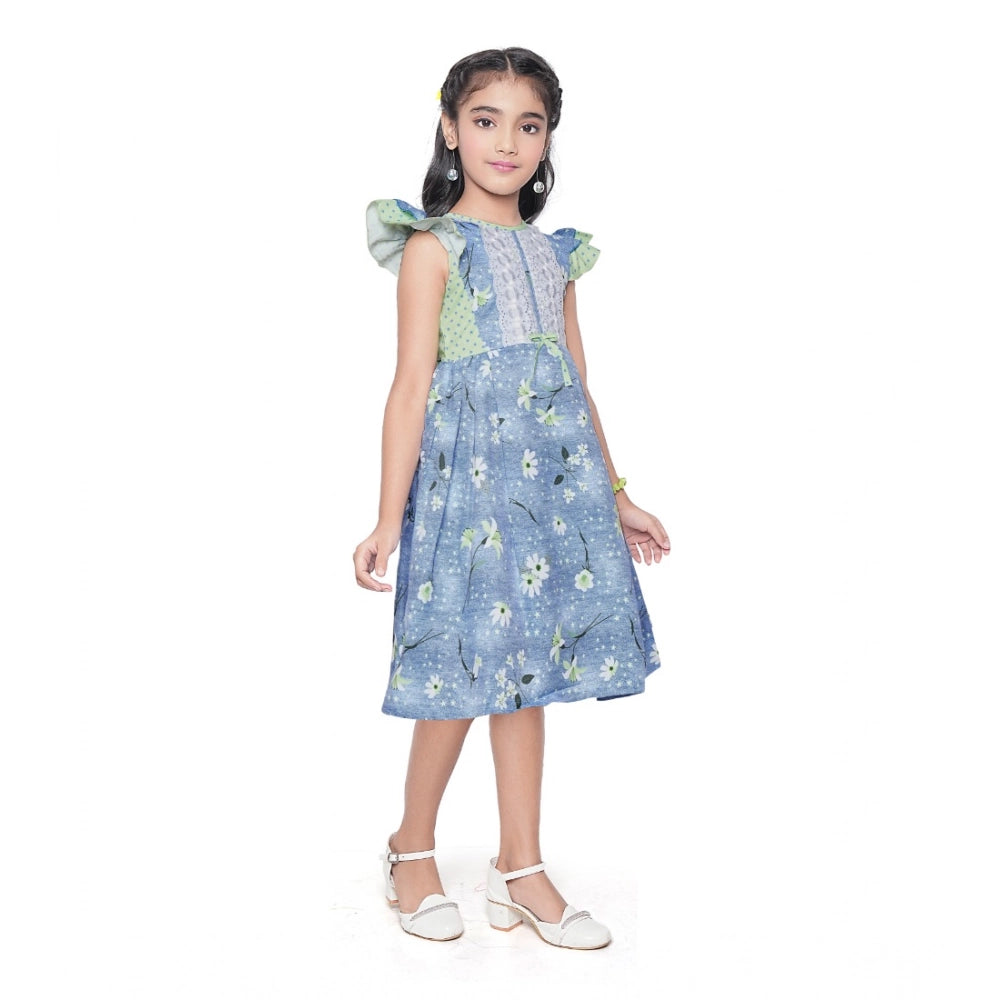 Amfyn Girl's Twill Printed Short Sleeve Round Neck Dress (Green)
