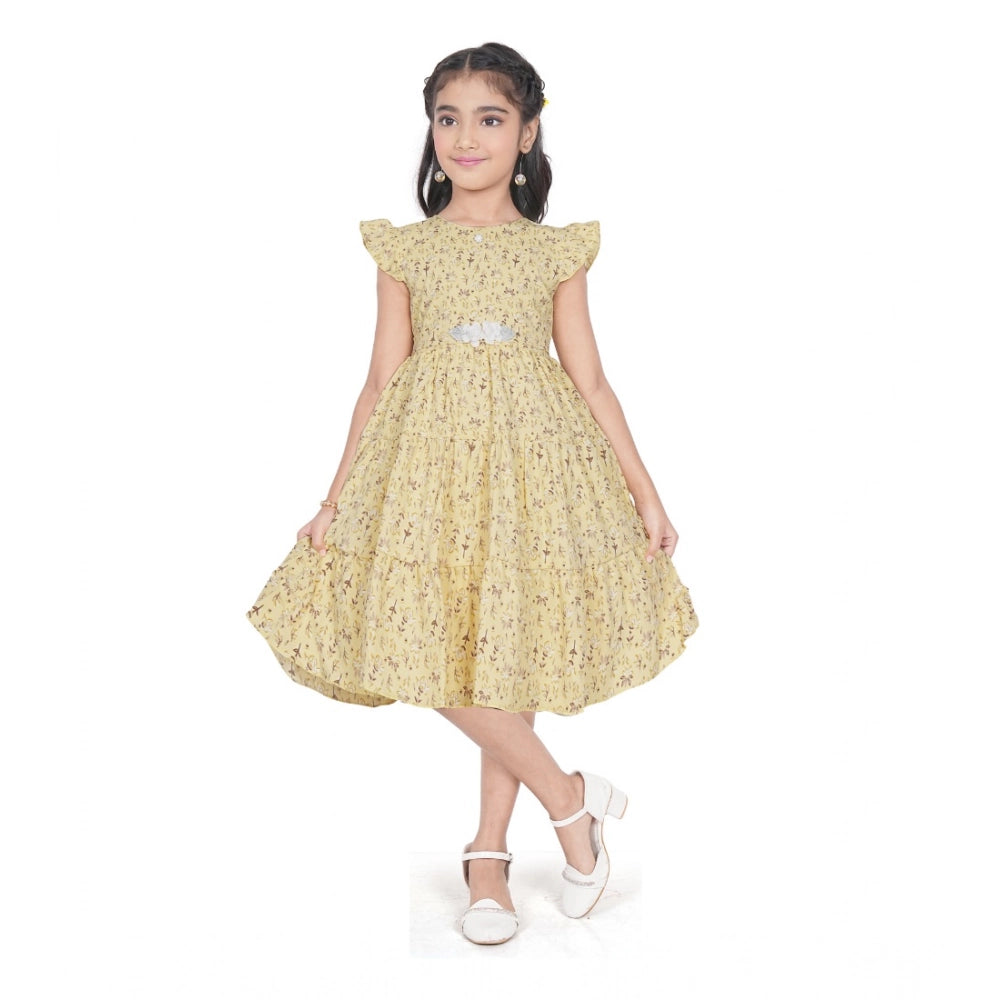 Amfyn Girl's Twill Printed Short Sleeve Round Neck Dress (Yellow)