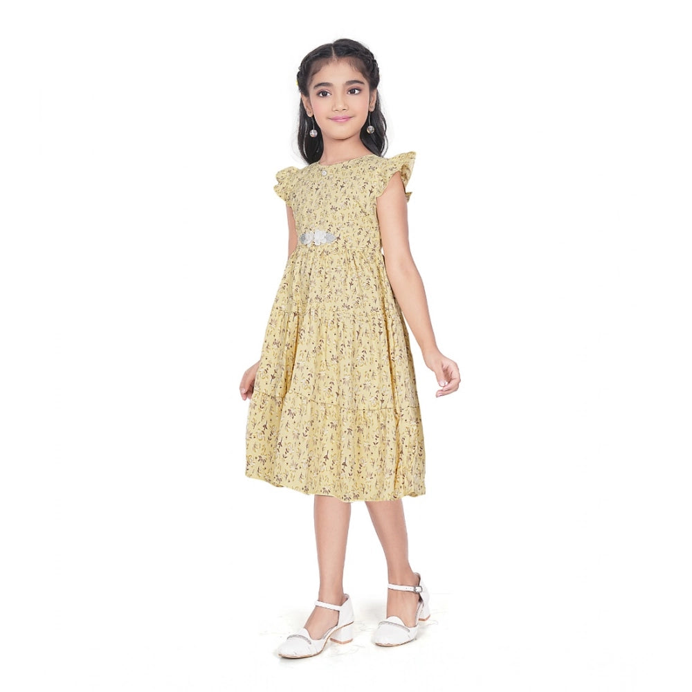 Amfyn Girl's Twill Printed Short Sleeve Round Neck Dress (Yellow)