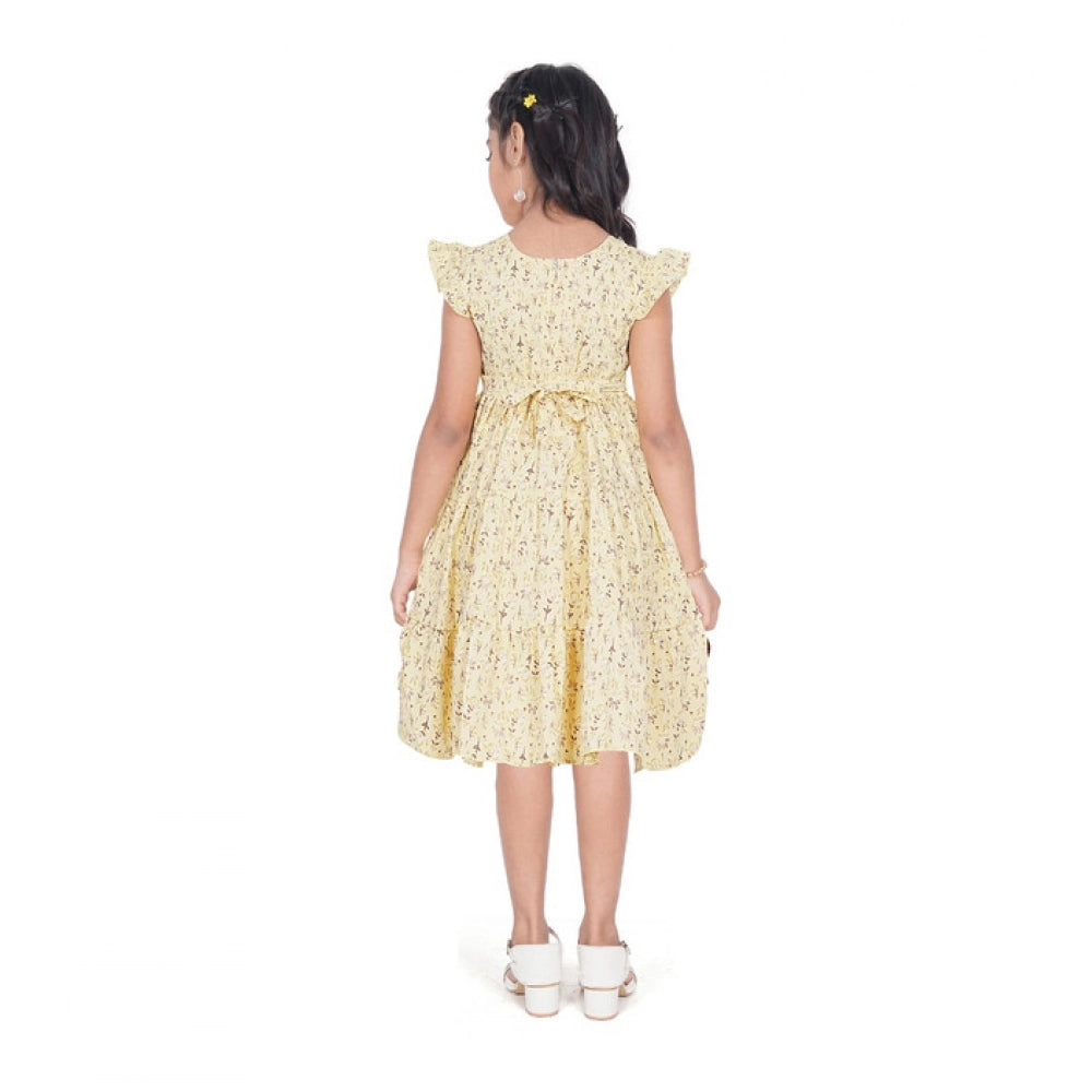 Amfyn Girl's Twill Printed Short Sleeve Round Neck Dress (Yellow)