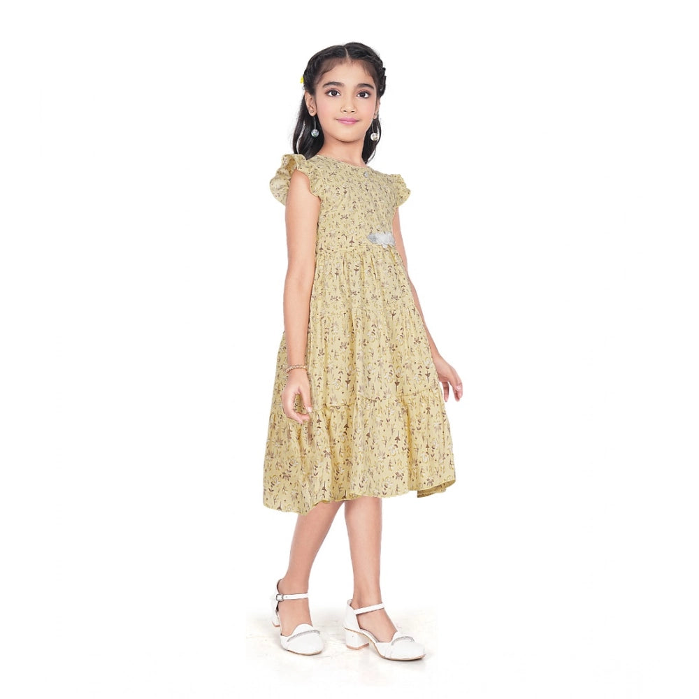 Amfyn Girl's Twill Printed Short Sleeve Round Neck Dress (Yellow)