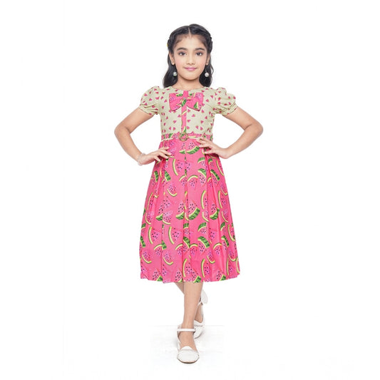 Amfyn Girl's Twill Printed Short Sleeve Round Neck Dress (Pink)